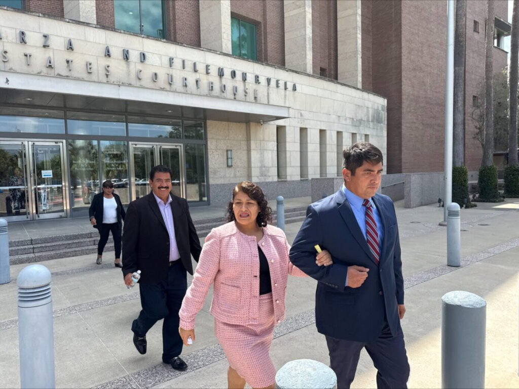 Leonardo Baez and Nora Alicia Avila-Guel, owners of Abby's Bakery in Los Fresnos, exit the federal courthouse in Brownsville after being found guilty of harboring people in the country illegally on Wednesday, Aug. 13, 2025. (Francisco E. Jimenez | The Monitor)